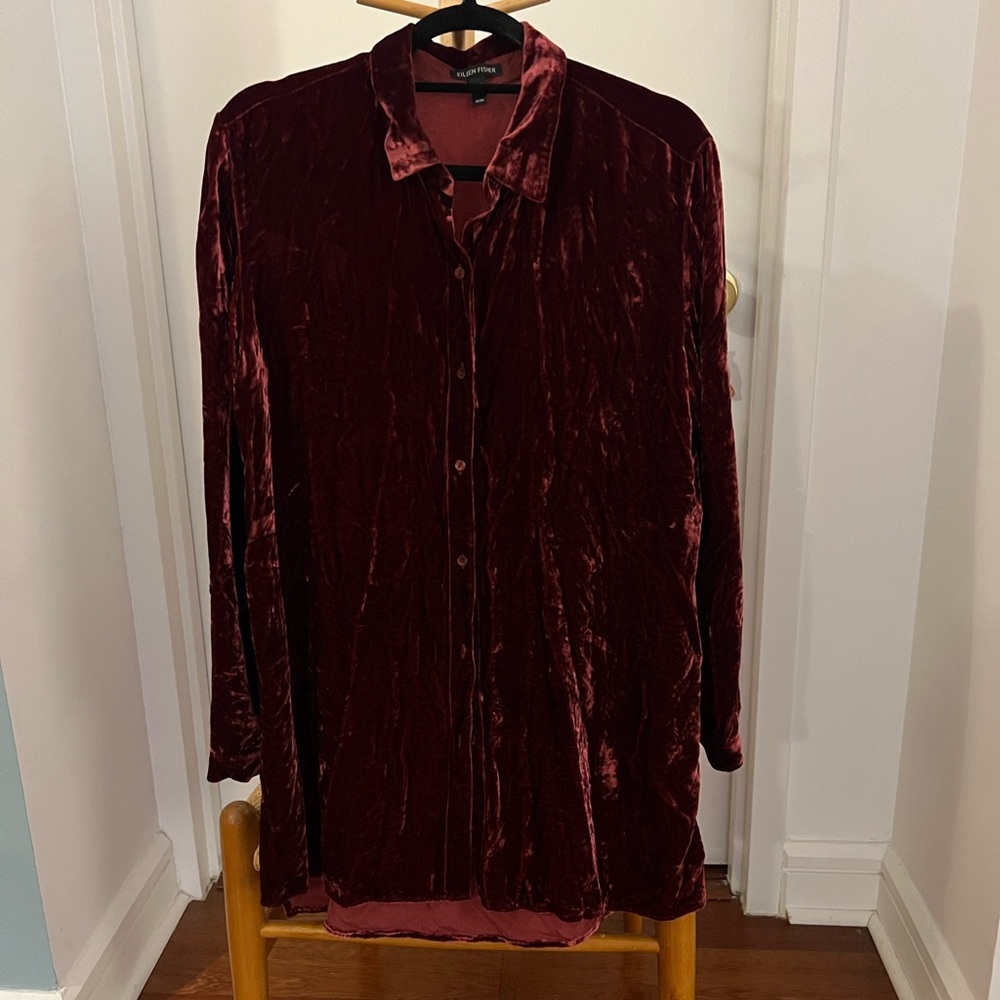 Eileen Fisher Burgundy Velvet Button-Up Shirt